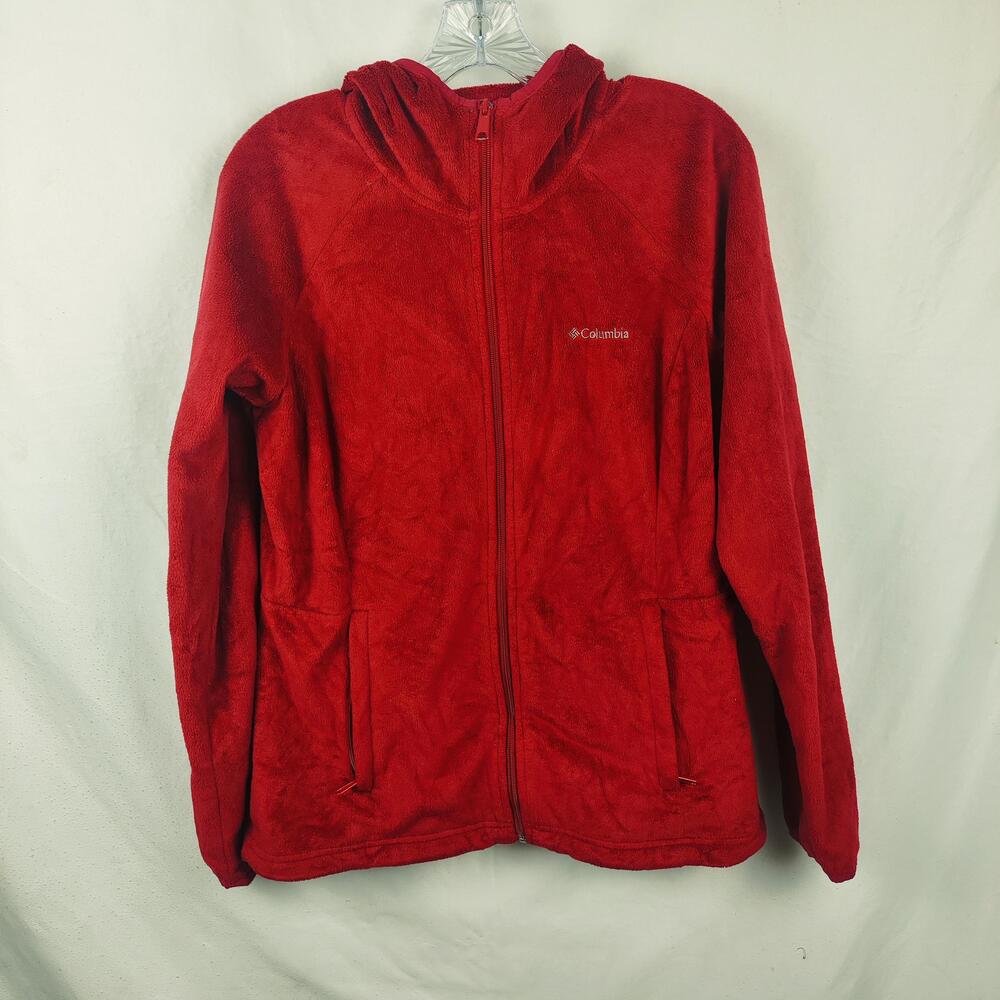 Columbia Jacket Womens Large Red Plush Fleece Hooded Full Zip Pockets Cozy